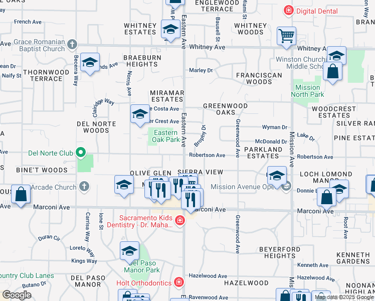 map of restaurants, bars, coffee shops, grocery stores, and more near 3111 Brophy Drive in Sacramento