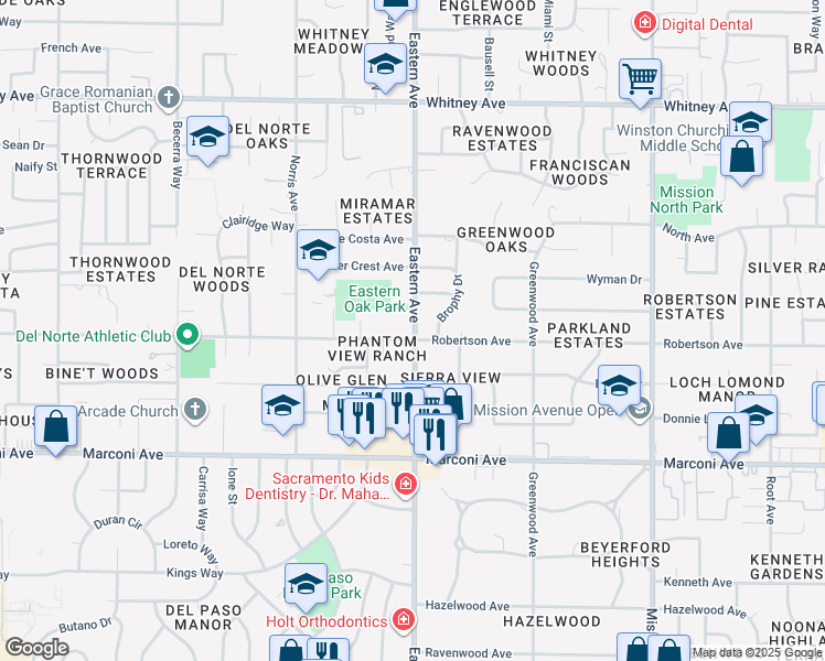 map of restaurants, bars, coffee shops, grocery stores, and more near 3121 Eastern Avenue in Sacramento