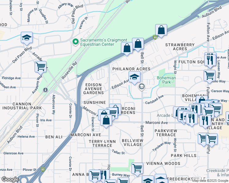map of restaurants, bars, coffee shops, grocery stores, and more near 2223 Edison Avenue in Sacramento