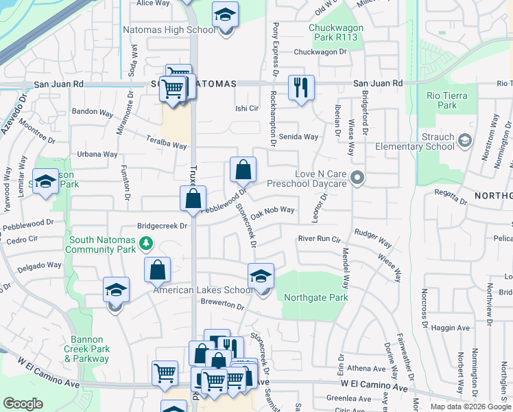 map of restaurants, bars, coffee shops, grocery stores, and more near 3020 Brookstone Way in Sacramento