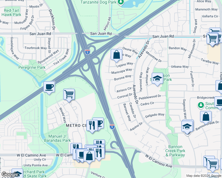 map of restaurants, bars, coffee shops, grocery stores, and more near 2236 Atrisco Circle in Sacramento
