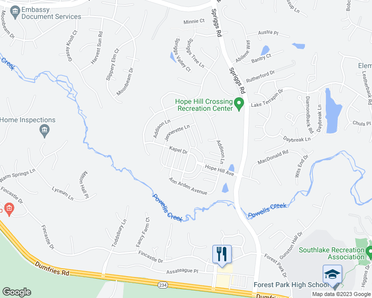 map of restaurants, bars, coffee shops, grocery stores, and more near 15300 Maribelle Place in Woodbridge
