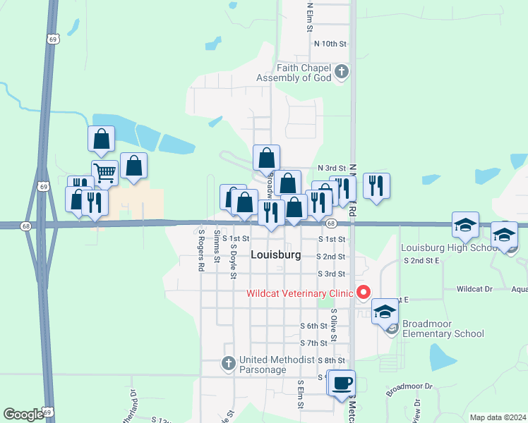 map of restaurants, bars, coffee shops, grocery stores, and more near 502 North 1st Street in Louisburg