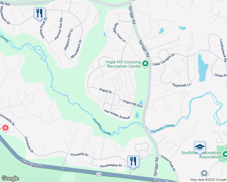 map of restaurants, bars, coffee shops, grocery stores, and more near 15300 Maribelle Place in Woodbridge