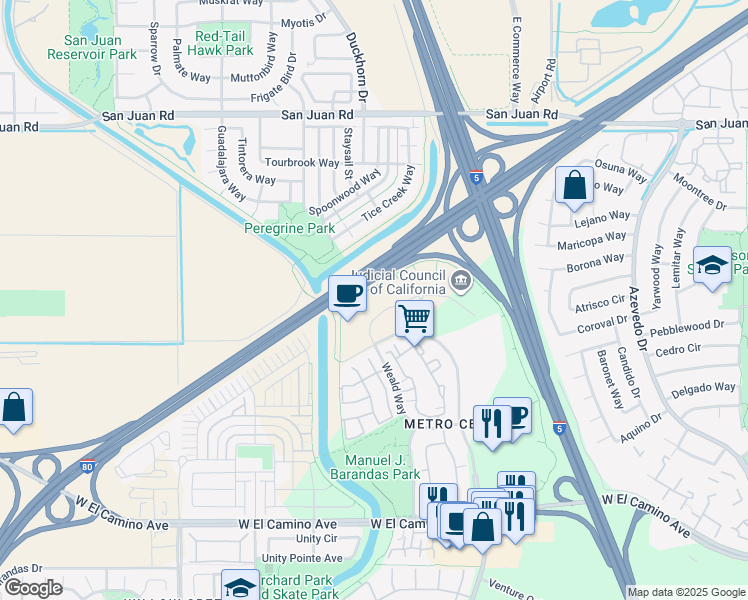 map of restaurants, bars, coffee shops, grocery stores, and more near 2880 Gateway Oaks Drive in Sacramento
