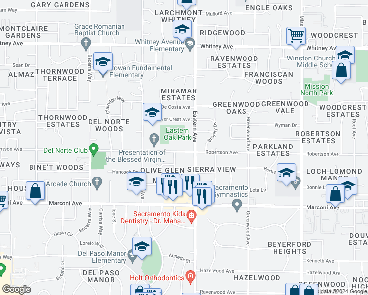 map of restaurants, bars, coffee shops, grocery stores, and more near 4227 Robertson Avenue in Sacramento
