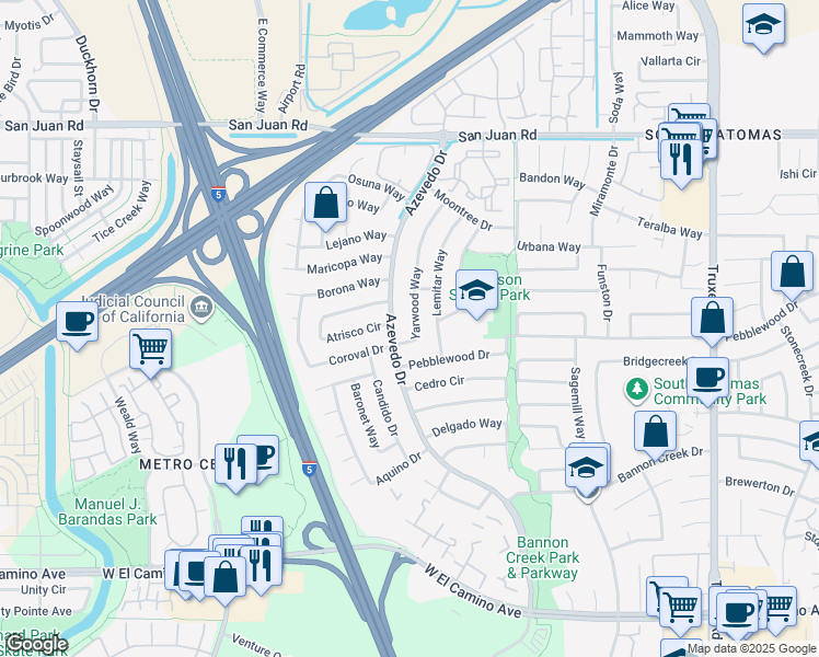 map of restaurants, bars, coffee shops, grocery stores, and more near 3020 Azevedo Drive in Sacramento