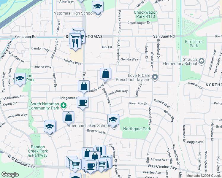 map of restaurants, bars, coffee shops, grocery stores, and more near 3020 Brookstone Way in Sacramento