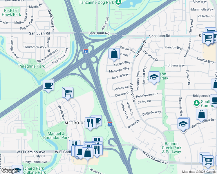 map of restaurants, bars, coffee shops, grocery stores, and more near 2236 Atrisco Circle in Sacramento