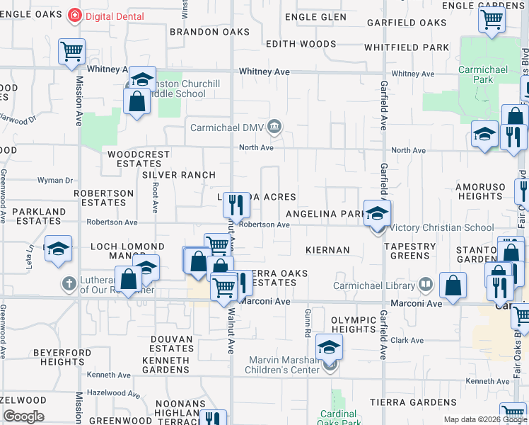 map of restaurants, bars, coffee shops, grocery stores, and more near 3112 Mayer Way in Carmichael