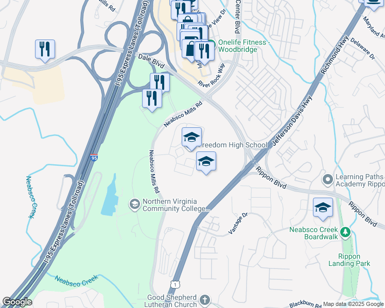 map of restaurants, bars, coffee shops, grocery stores, and more near 15201 Neabsco Mills Road in Woodbridge