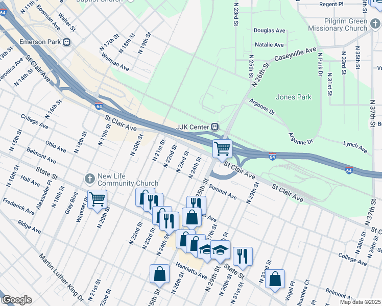 map of restaurants, bars, coffee shops, grocery stores, and more near 844 North 23rd Street in East St. Louis