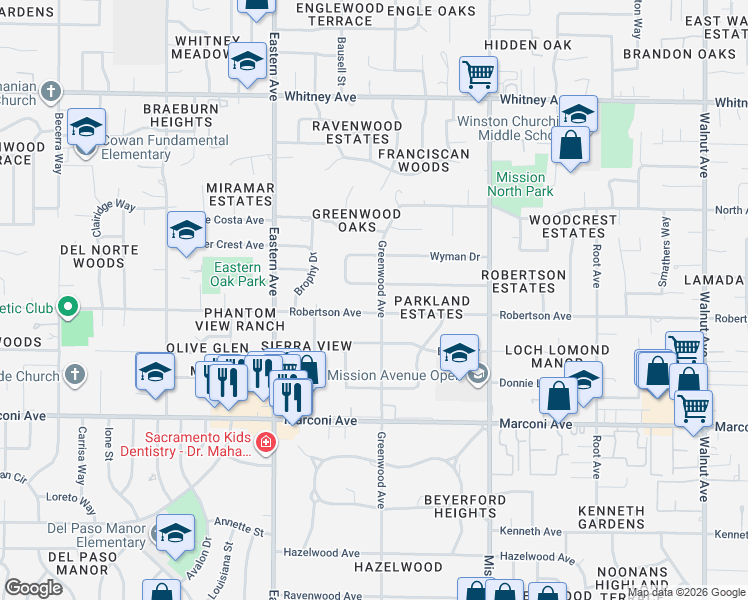 map of restaurants, bars, coffee shops, grocery stores, and more near 4405 Wyman Drive in Sacramento