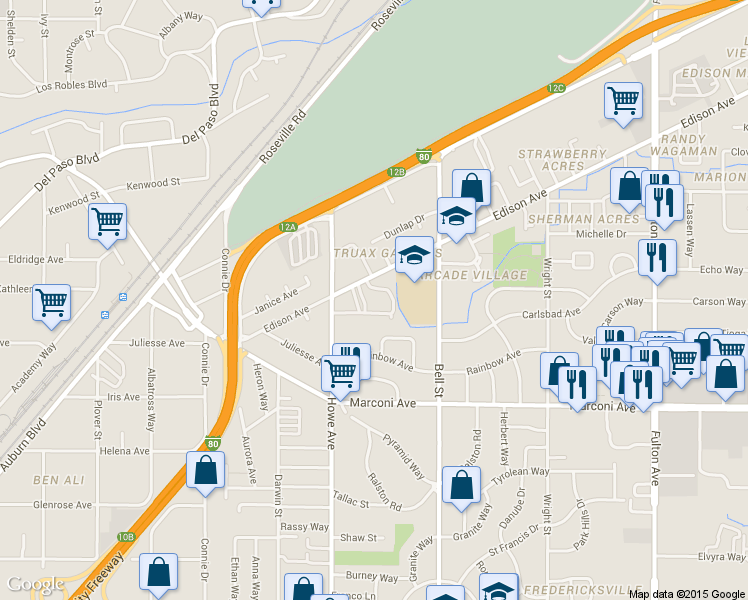 map of restaurants, bars, coffee shops, grocery stores, and more near 2228 Edison Avenue in Sacramento