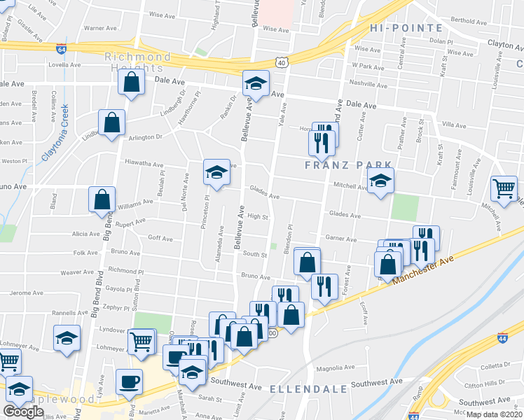 map of restaurants, bars, coffee shops, grocery stores, and more near 7220 Glades Avenue in Richmond Heights