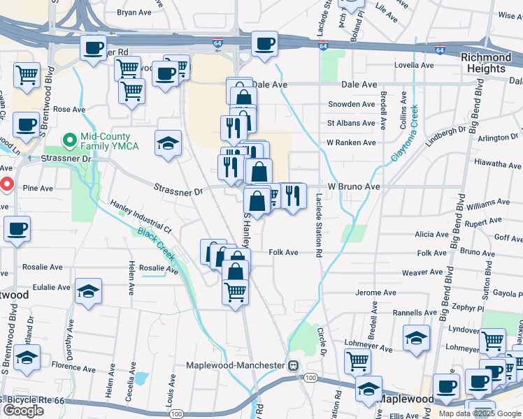 map of restaurants, bars, coffee shops, grocery stores, and more near 1801 Maplewood Commons Dr in St Louis