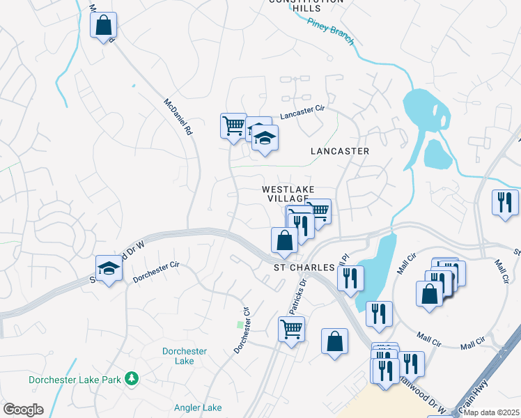 map of restaurants, bars, coffee shops, grocery stores, and more near 4225 Mockingbird Circle in Waldorf