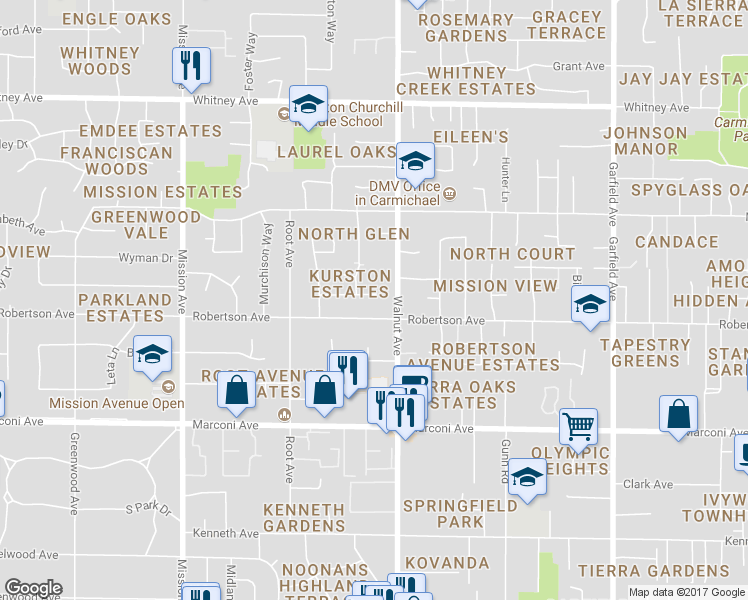 map of restaurants, bars, coffee shops, grocery stores, and more near 5010 Kurz Circle in Carmichael