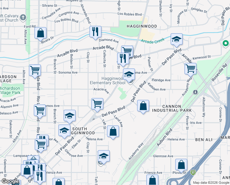 map of restaurants, bars, coffee shops, grocery stores, and more near 3036 Marysville Boulevard in Sacramento