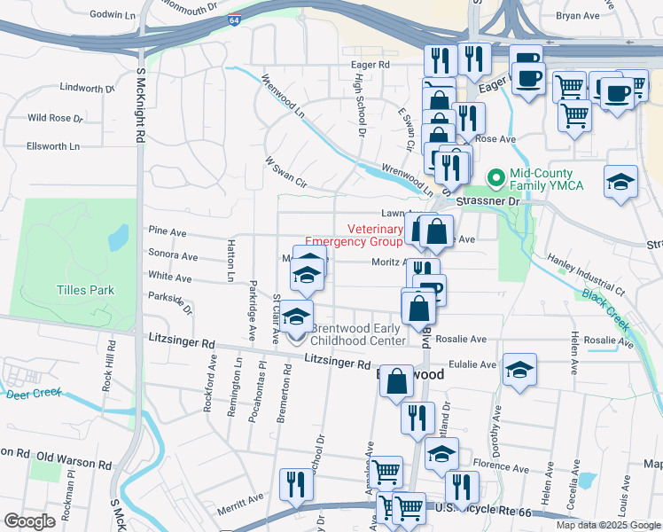 map of restaurants, bars, coffee shops, grocery stores, and more near 9013 Moritz Avenue in Brentwood