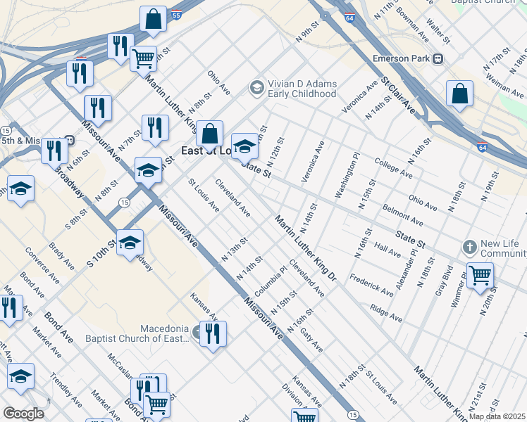 map of restaurants, bars, coffee shops, grocery stores, and more near 415 North 13th Street in East St. Louis