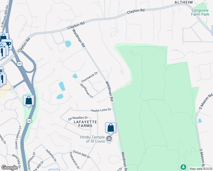 map of restaurants, bars, coffee shops, grocery stores, and more near 1393 Wakeshire Terrace in Ballwin