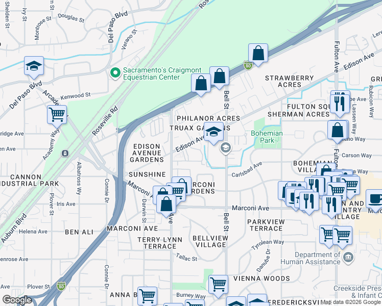 map of restaurants, bars, coffee shops, grocery stores, and more near 2224 Edison Avenue in Sacramento