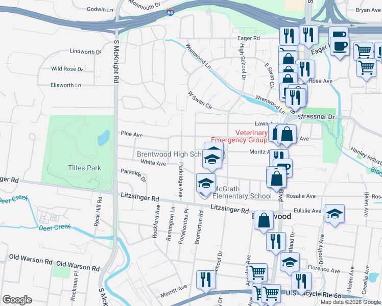 map of restaurants, bars, coffee shops, grocery stores, and more near 2120 Saint Clair Avenue in Brentwood