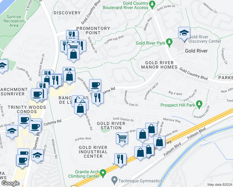 map of restaurants, bars, coffee shops, grocery stores, and more near 11394 Coloma Road in Gold River