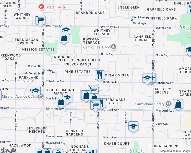 map of restaurants, bars, coffee shops, grocery stores, and more near 5010 Kurz Circle in Carmichael