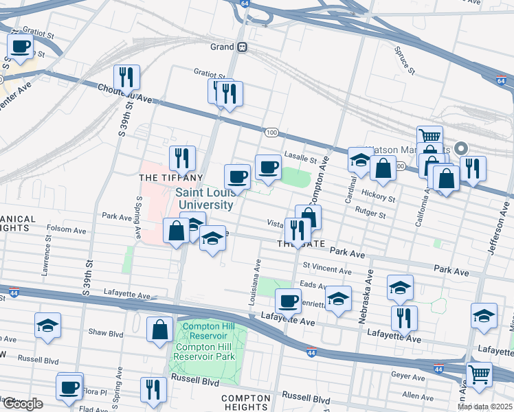 map of restaurants, bars, coffee shops, grocery stores, and more near 3401 Caroline Street in St. Louis