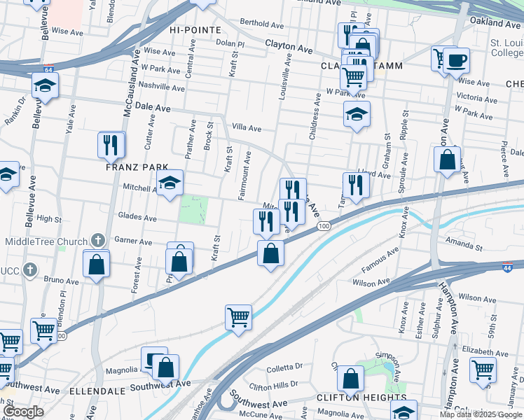 map of restaurants, bars, coffee shops, grocery stores, and more near 1573 Sanford Avenue in St. Louis