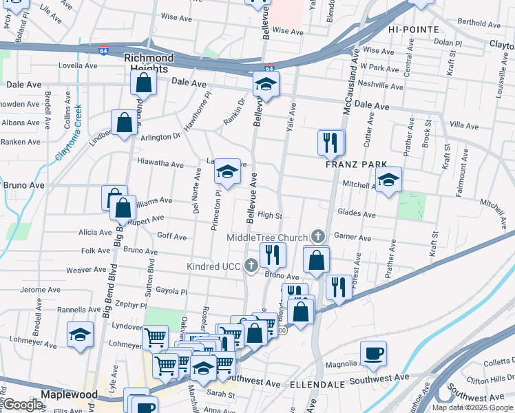 map of restaurants, bars, coffee shops, grocery stores, and more near 1935 Bellevue Avenue in St. Louis