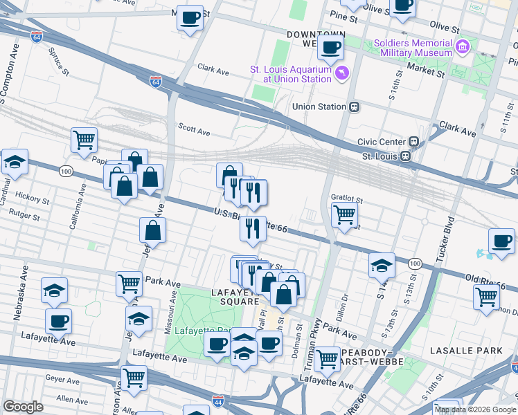 map of restaurants, bars, coffee shops, grocery stores, and more near 2021 Papin Street in St. Louis
