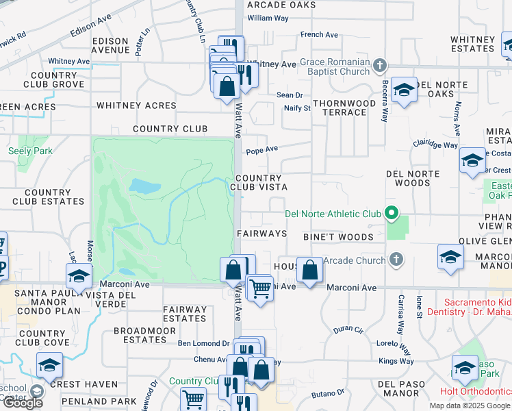 map of restaurants, bars, coffee shops, grocery stores, and more near 3521 Robertson Avenue in Sacramento
