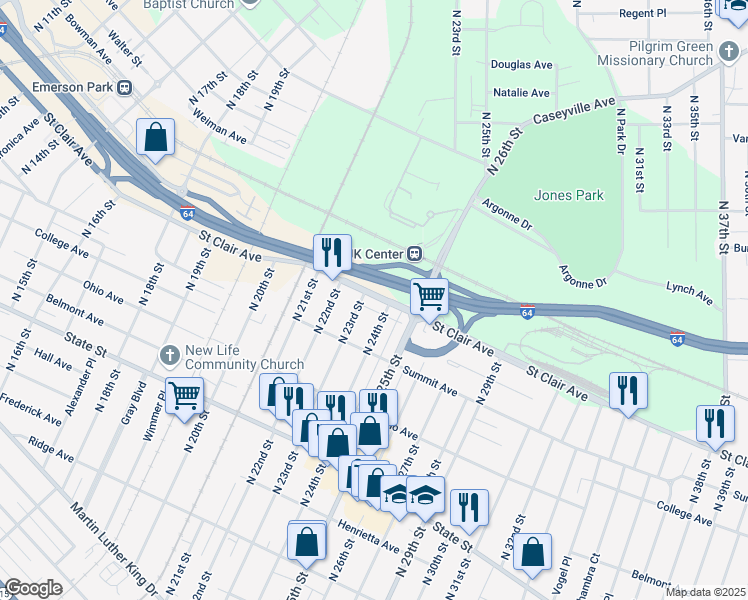 map of restaurants, bars, coffee shops, grocery stores, and more near 844 North 23rd Street in East St. Louis