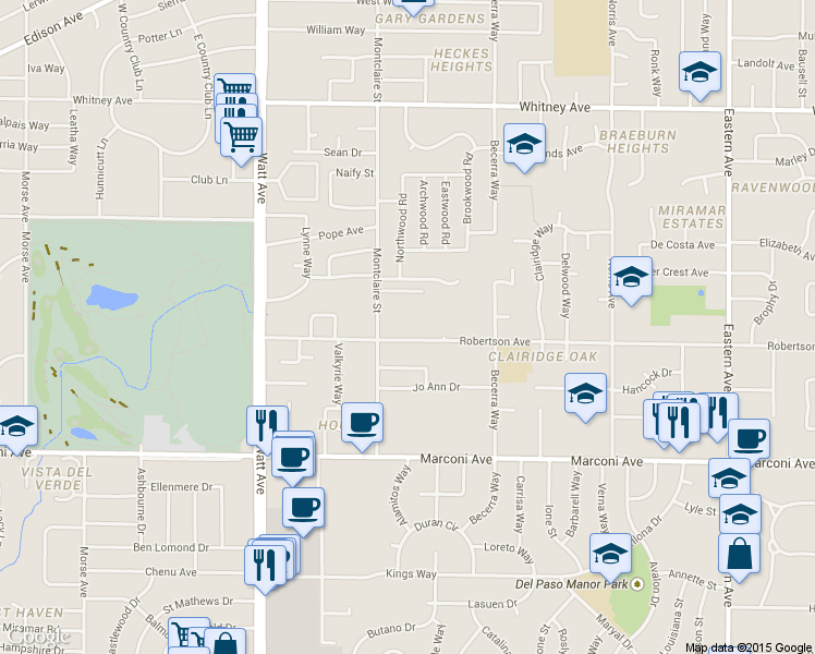 map of restaurants, bars, coffee shops, grocery stores, and more near 3741 Robertson Avenue in Sacramento
