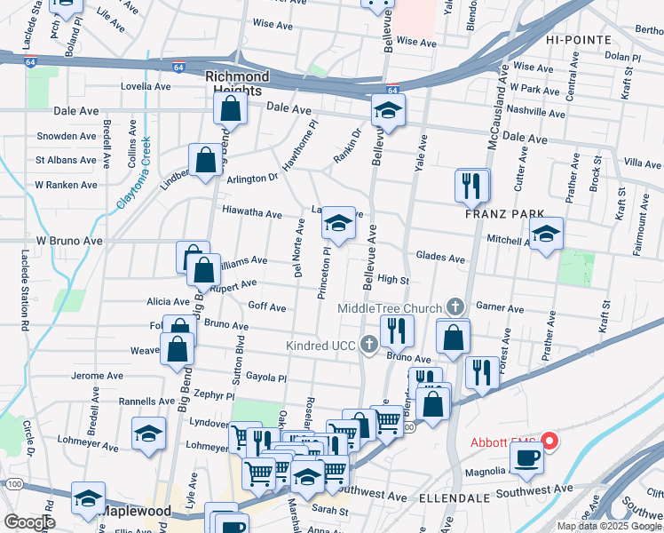map of restaurants, bars, coffee shops, grocery stores, and more near 2014 Princeton Place in Richmond Heights
