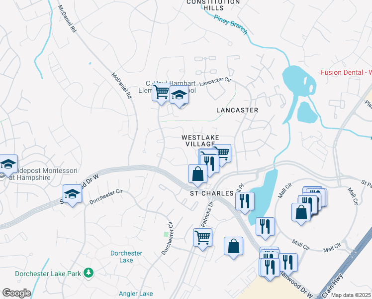 map of restaurants, bars, coffee shops, grocery stores, and more near 4230 Mockingbird Circle in Waldorf