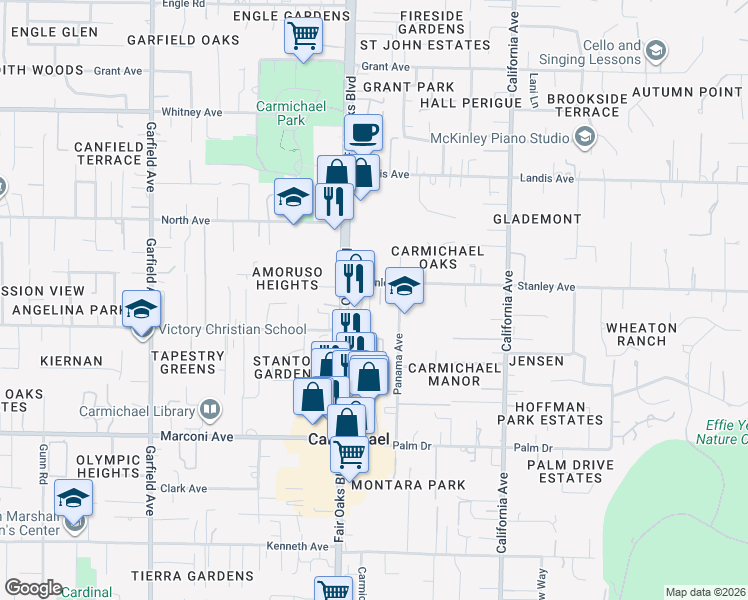 map of restaurants, bars, coffee shops, grocery stores, and more near 5920 Stanley Avenue in Carmichael