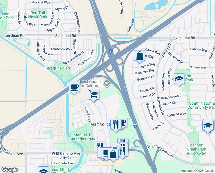 map of restaurants, bars, coffee shops, grocery stores, and more near 2850 Gateway Oaks Drive in Sacramento