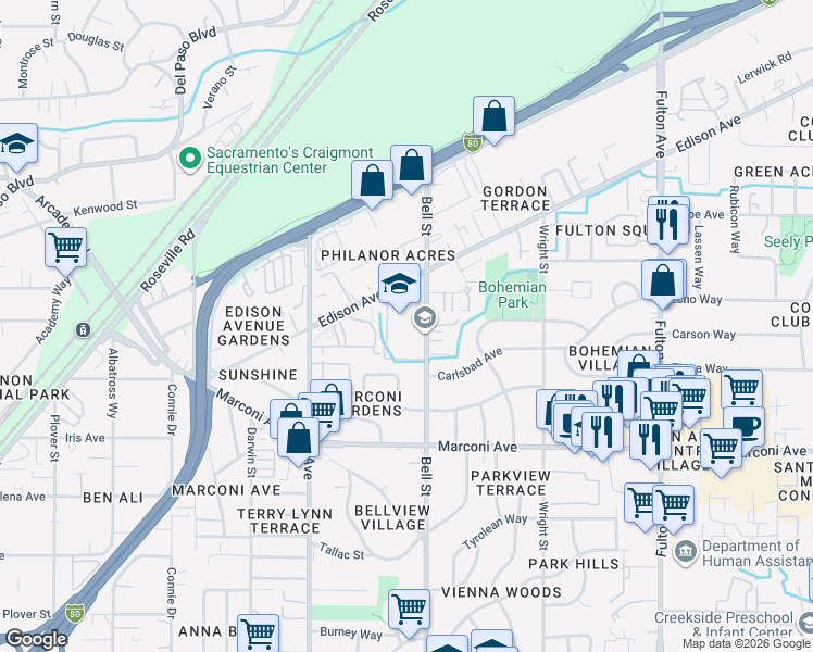 map of restaurants, bars, coffee shops, grocery stores, and more near 2236 Edison Avenue in Sacramento