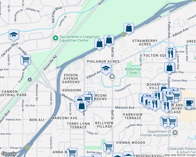 map of restaurants, bars, coffee shops, grocery stores, and more near 2228 Edison Avenue in Sacramento