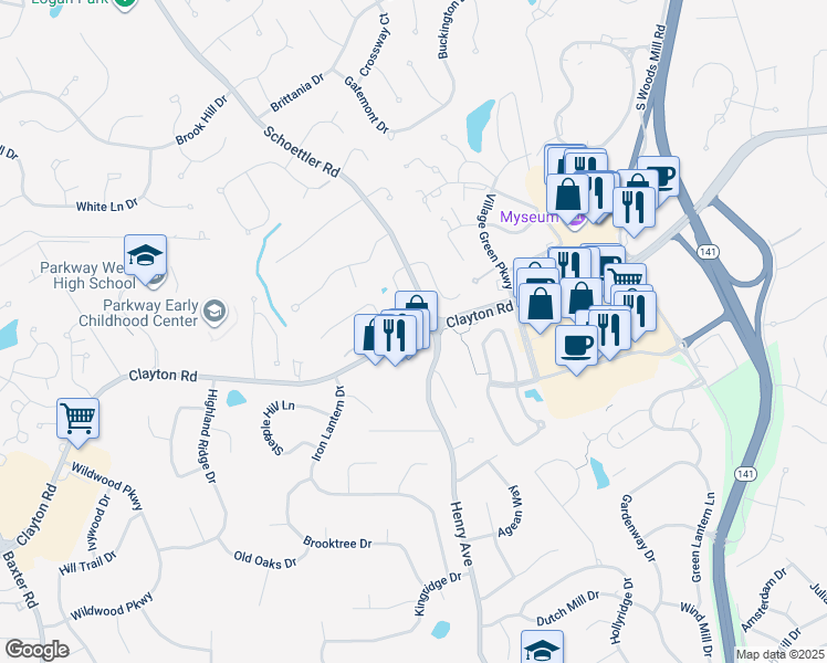 map of restaurants, bars, coffee shops, grocery stores, and more near 14445 Clayton Road in Ballwin