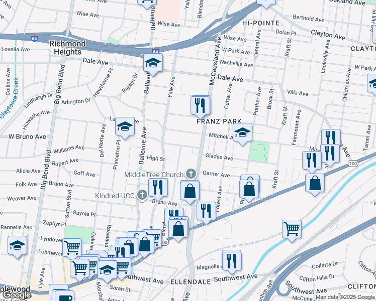 map of restaurants, bars, coffee shops, grocery stores, and more near 7020 Glades Avenue in St. Louis