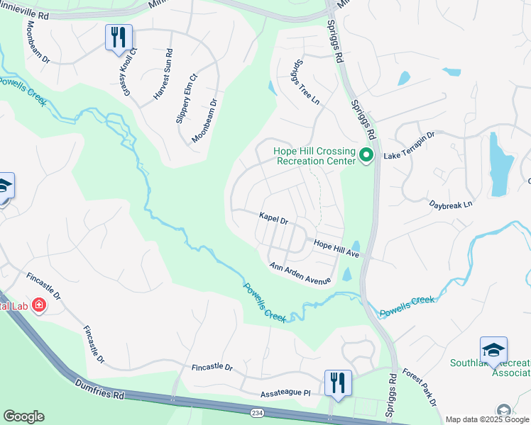 map of restaurants, bars, coffee shops, grocery stores, and more near 15231 Jennerette Lane in Woodbridge