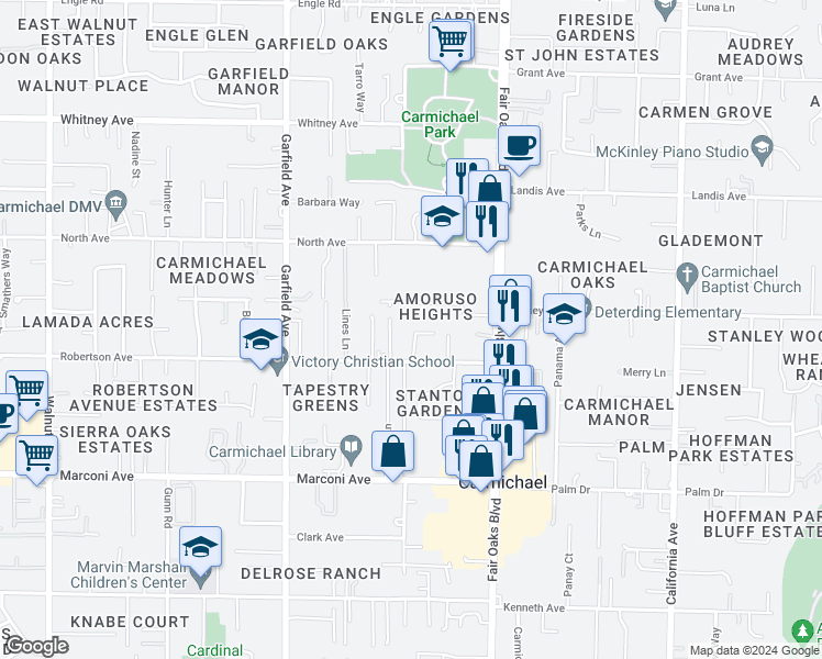 map of restaurants, bars, coffee shops, grocery stores, and more near 3117 Manand Street in Carmichael