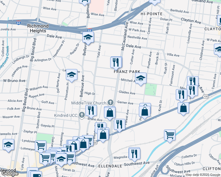 map of restaurants, bars, coffee shops, grocery stores, and more near 7020 Glades Avenue in St. Louis