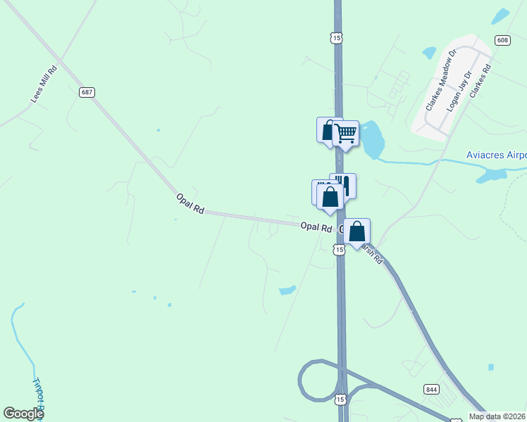 map of restaurants, bars, coffee shops, grocery stores, and more near 7198 Opal Road in Warrenton