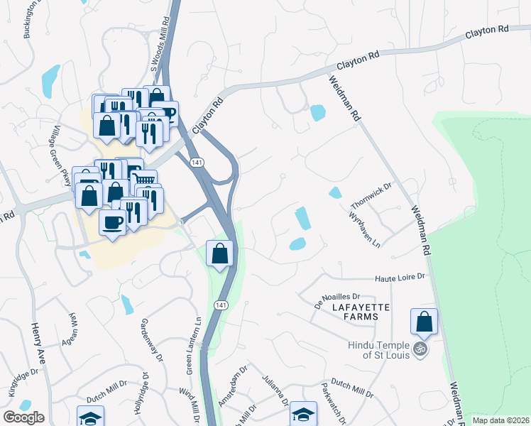 map of restaurants, bars, coffee shops, grocery stores, and more near 941 Kimswick Manor Lane in Ballwin